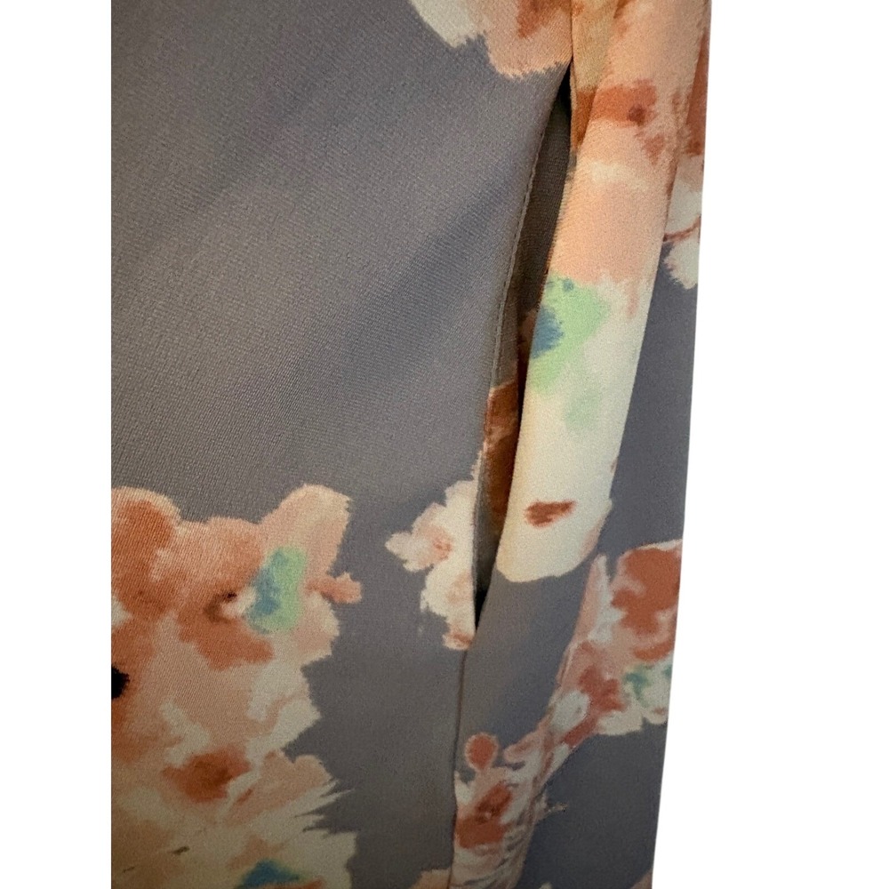 MTS Women Grey Peach Floral V-Neck 3/4 Sleeve Cut-Out Back Pocket Mini Dress M - Picture 2 of 8